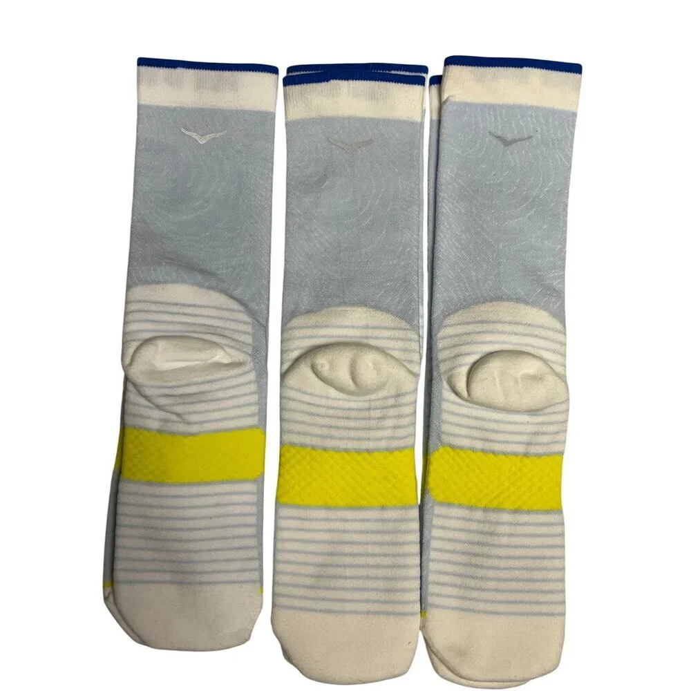 Hoka Athletic Socks Crew Length Blue Yellow Medium Moisture Wicking 3 Pair